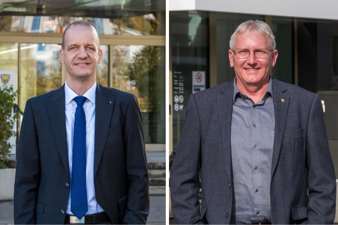 Markus Bürgi (links) und Felix Keller (rechts) wollen die Nachfolge des aktuellen Stadtpräsidenten Farid Zeroual antreten