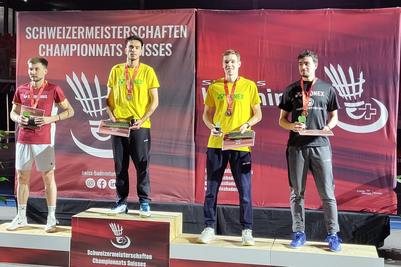Podest der Herren Einzelwettkämpfe (von links): Maxime Pierrhumbert (Lausanne, 2.) , Nicolas A. Müller (Zürich, Meister), Julien Scheiwiller (Adliswil, 3.) , Patrick Zbinden (Adliswil, 3.)