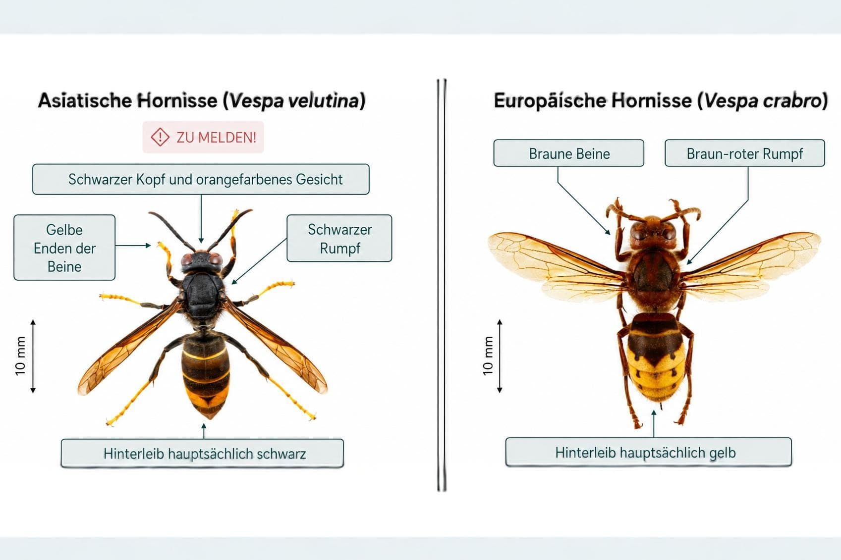 Die Asiatische Hornisse (links) erkennt man an ihrem schwarzen Körper. Die einheimische Hornisse ist rot-braun gefärbt.