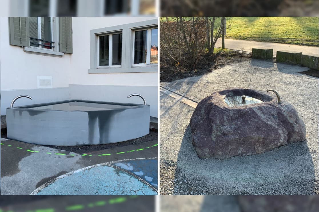 Links: Sandstein-Brunnen beim Schulhaus Oelwiese in Thalwil. Rechts: Findlingsbrunnen aus Glarner Sernifit beim Schulhaus Schweikrüti in Gattikon.