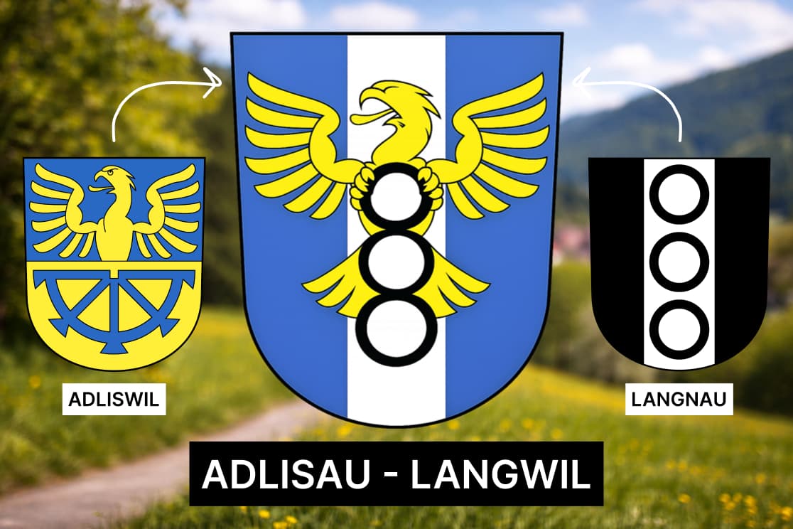 Das könnte das neue Wappen sein, wenn sich Adliswil und Langnau fusionieren: Adler greifft die drei Ringe aus dem Langnauer Wappen