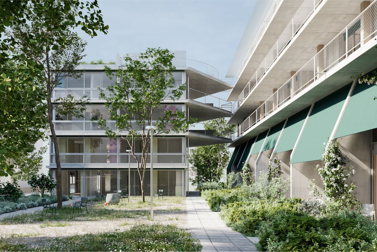 Die linearen Hauptbauten lehnen sich in ihrer Typologie an den heutigen Bestandesbauten an und werden jeweils durch einen Punktbau (Annex) ergänzt.